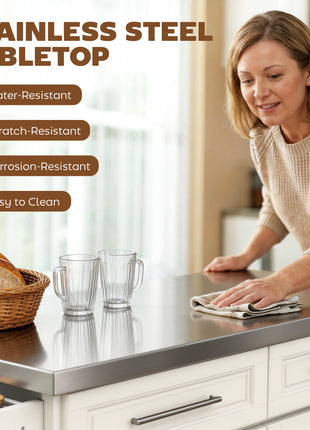 Rolling Kitchen Island with Stainless Steel Top, 2 Drawers, Spice, Knife and Towel Rack and Cabinets, Cream White
