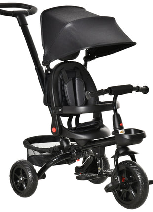 Kids Tricycle, 4 in 1 Foldable Trike with Reversible Seat, Adjustable Parent Handle, Safety Harness, Wheel Brakes, Removable Canopy, Storage, Tricycle for Toddlers 1-5 Years, Black