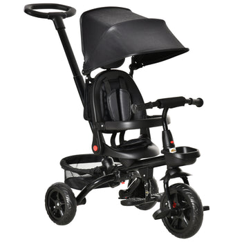 Kids Tricycle, 4 in 1 Foldable Trike with Reversible Seat, Adjustable Parent Handle, Safety Harness, Wheel Brakes, Removable Canopy, Storage, Tricycle for Toddlers 1-5 Years, Black