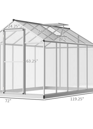 10' L x 6' W Walk-In Polycarbonate Greenhouse with Roof Vent for Ventilation & Rain Gutter for Winter