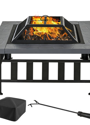 34" Outdoor Fire Pit Square Steel Wood Burning Firepit Bowl with Spark Screen, Waterproof Cover, Log Grate, Poker for Backyard, Camping, BBQ, Bonfire