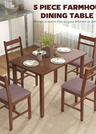 5-Piece Solid Wood Dining Table Set for 4, Farmhouse Kitchen Table with Upholstered Chairs for Dining Room, Light Brown