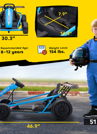 24V 7AH Kids Electric Go Kart, 8.1 MPH Battery Powered Drift Kart with Dual Motors, Soft Start for 8-12 Years, Blue