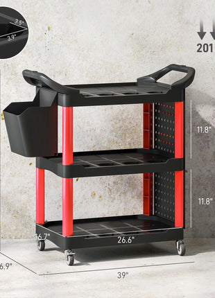 3-Tier Rolling Tool Cart, 200 LBS Capacity Plastic Utility Cart with Side Shelf and Storage Bucket, Black & Red
