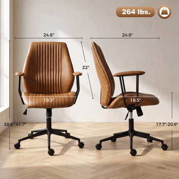 Leather Home Office Desk Chair, Vintage Computer Chair with Padded Arms, 360° Swivel, Adjustable Height, Tilt, Brown