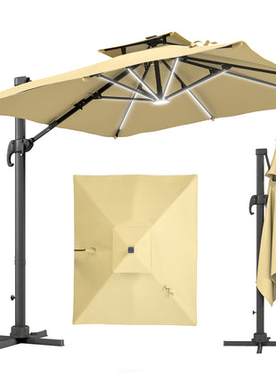 10ft. Solar LED Cantilever Umbrella, Offset Hanging Umbrella with 360°Rotation, Cross Base, 8 Ribs, Tilt and Crank for Yard, Khaki