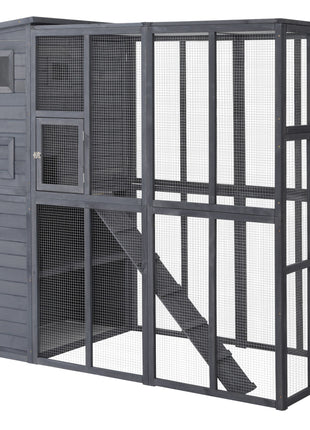Wooden Outdoor Catio with Platforms, Asphalt Roof, Ramps, Gray