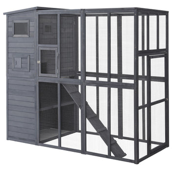 Wooden Outdoor Catio with Platforms, Asphalt Roof, Ramps, Gray