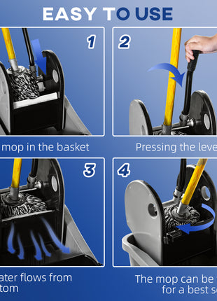 9.5 Gallon (38 Quart) Mop Bucket with Wringer Cleaning Cart, 4 Moving Wheels, Mop-Handle Holder & 2 Separate Buckets, Gray