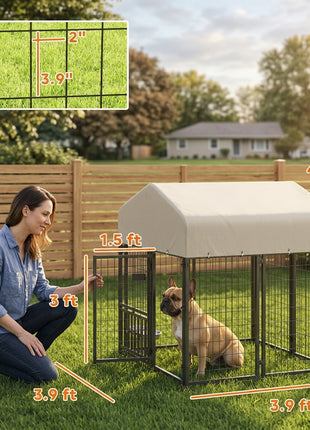 Welded Wire Outdoor Dog Kennel with 360° Rotating & 4 Levels Adjustable Bowls, Waterproof Cover, 3.9' x 3.9' x 4.5'