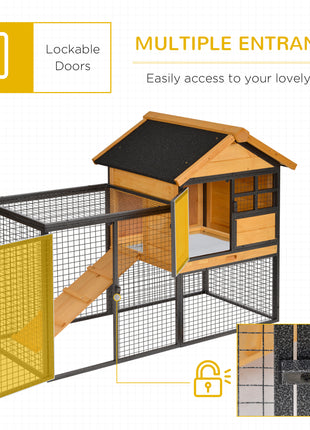 Outdoor Rabbit Cage Elevated Pet House w/ Slide-Out Tray, Natural Wood & Black