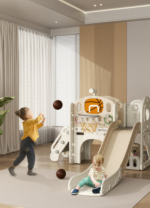 7-in-1 Toddler Slide, Kids Slide for Ages 1-6 Years w/ Ring Toss, Basketball Hoop, Telescope Climber, Storage Space