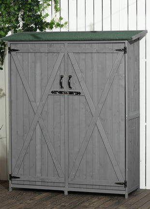 Outdoor Storage Cabinet Wooden Garden Shed Utility Tool Organizer with Waterproof Asphalt Rood, Lockable Doors, 3 Tier Shelves for Lawn, Backyard, Gray