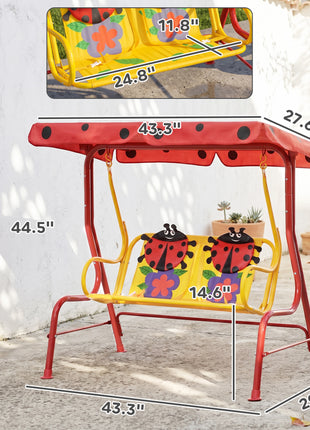 Kids Patio Swing, Adjustable Canopy Swing Glider, Kids Outdoor Swing Chair with 2 Seats, Seat-Belted Safety, Red