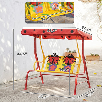 Kids Patio Swing, Adjustable Canopy Swing Glider, Kids Outdoor Swing Chair with 2 Seats, Seat-Belted Safety, Red