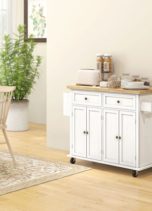 Modern Rolling Kitchen Island Cart with Spice Rack, Distressed White