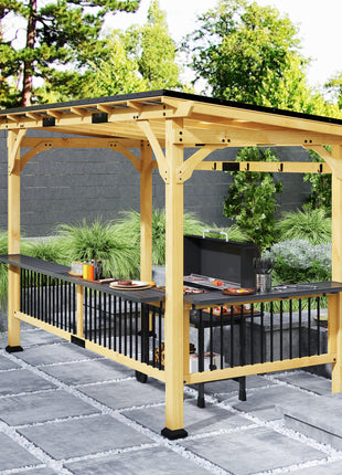 13' x 6' Wooden BBQ Grill Gazebo, Outdoor Hardtop Grill Gazebo with Metal Roof, 2 Bar Shelves and 6 Hooks, Natural