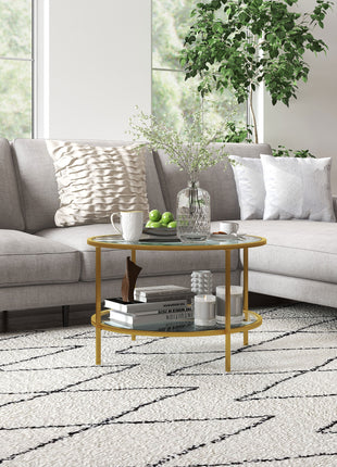Side Table with Storage, 26" Round End Table, 2-Tier Tempered Glass Coffee Table with Steel Frame for Living Room, Gold