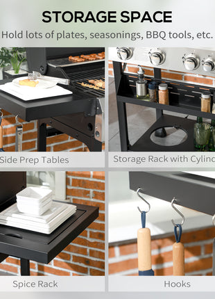 4 Burner Propane Gas Grill with Side Burner, 40,000 BTU Outdoor Barbeque with Shelves, Thermometer, Bottle Opener, Black