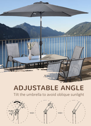 8 Pieces Patio Furniture Set with 9Ft Patio Umbrella, Outdoor Dining Table and Chairs, 6 Chairs, Push Button Tilt and Crank Parasol, Tempered Glass Top, Gray
