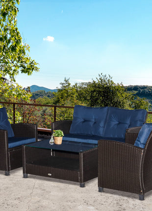 4 Pieces Patio Furniture Sets with Cushions, PE Rattan Wicker Conversation Chairs with Two-Tier Coffee Table for Backyard Porch Garden Poolside and Deck, Blue