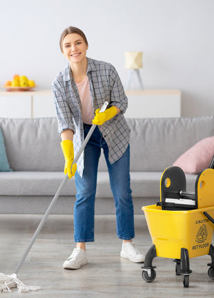 Mop Bucket with Wringer on Wheels for Floor Cleaning, 27.5 Quart Down Press Wringer with Handle and Mop, Yellow