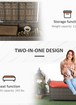 29 Gallon Patio Wicker Storage Bench, Outdoor PE Rattan Furniture, 2-In-1 Large Capacity Rectangle Garden Storage Box with Handles and Cushion, Red