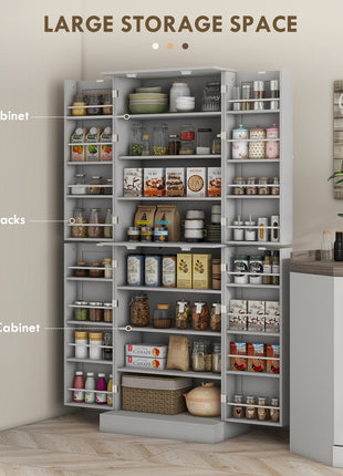65" Kitchen Cabinet, Kitchen Pantry Cabinet with 4 Doors and 16 Door Shelves for Dining Room, Gray