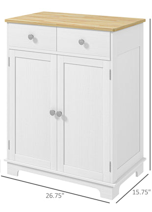 Kitchen Storage Cabinet, Sideboard Floor Cupboard with Solid Wood Top, Adjustable Shelf, and 2 Drawers, Distressed White