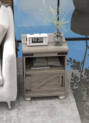 Side Table with Storage, End Table with Open Shelf, Cupboard and Wood Legs, Modern and Farmhouse Style, Gray