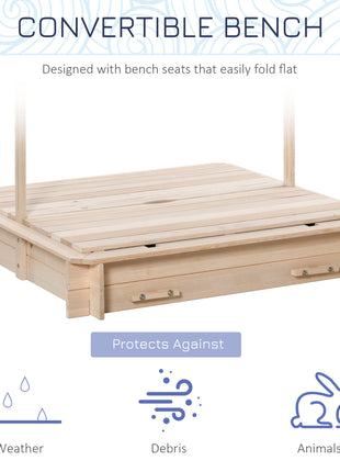 Covered Sandbox, Wooden，with Cover Adjustable Canopy, Detachable Seats and Backrests, Kids Sandbox with Convertible Bench Seat, Bottom Liner, Natural Blue