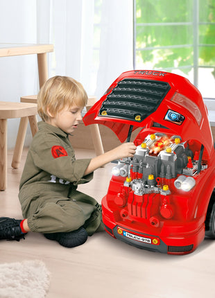 Mechanic Kids Truck Engine Toy Set, Car Service Play Set, Red