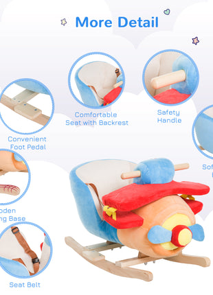 Kids Rocking Horse, Wooden Plush Ride-on Plane Chair Toy with Lullby Song and Seat Belt for 18 Month +