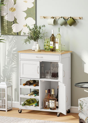 Rolling Kitchen Cart, Kitchen Island with Storage Drawer, 9-bottle Wine Rack, Door Cabinets, Wooden Countertop, White