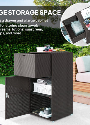 Outdoor Towel Rack for Pool w/ Drawer & Cabinet, Dark Brown
