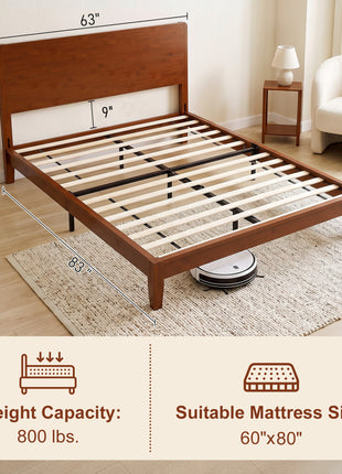 Queen Size Bamboo Platform Bed Frame with Headboard and 12 Poplar Slats, No Box Spring Needed, Easy Assembly, Brown