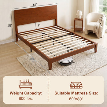 Queen Size Bamboo Platform Bed Frame with Headboard and 12 Poplar Slats, No Box Spring Needed, Easy Assembly, Brown