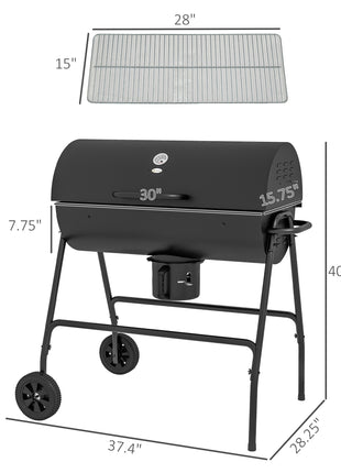 Barrel Charcoal BBQ Grill, Barbecue with 420 sq.in. Cooking Area, Wheels, Ash Catcher, Black
