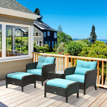 5 Pieces Rattan Wicker Lounge Chair Outdoor Patio Conversation Set with 2 Cushioned Chairs, 2 Ottomans and Tempered Glass Top Coffee Table, Brown/Blue