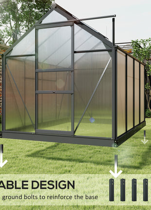 Polycarbonate Greenhouse, Heavy Duty Outdoor Aluminum Walk-in Green House Kit Vent Door, 6.2'x8.3'x6.6' Gray