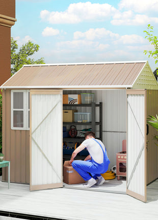 8' x 6' Metal Garden Storage Shed, Extra Large Outdoor Tool Storage House w/ Doors, Window and Air Vents, Brown