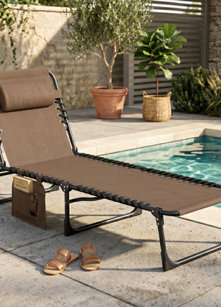 Folding Chaise Lounge Chair Outdoor, Sun Tanning Chair with Side Pocket, Carrying Strap, Brown