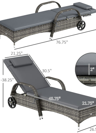 2 Reclining Chaise Lounge Chairs, Rolling Outdoor Chairs with Cushion, Pillow, Headrest, Armrests, and Wheels, Gray