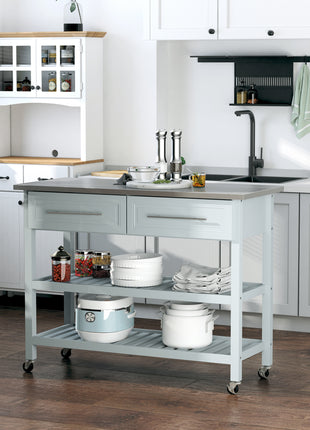 Kitchen Island with Stainless Steel Top, Traditional Kitchen Island with Storage, Butcher Block Cart 2-Tier Open Shelves, Drawers, Light Gray
