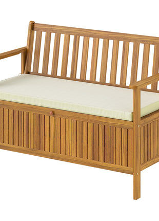 Outdoor Bench with Storage Compartment, Acacia Wood Patio Bench with Cushion, 2 Seater Garden Bench, Teak