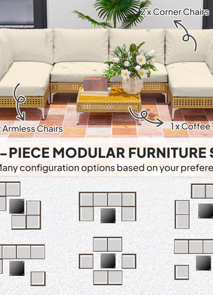 7 Piece Wicker Patio Furniture Set, Modular Outdoor Sectional with Thickened Cushions, Acacia Wood Table, Khaki/Beige