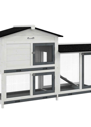 62" Rabbit Hutch, Wooden Bunny Hutch, Guinea Pig Cage, Small Animal Enclosure with Run Area, Removable Tray, Asphalt Roof, Lockable Doors and Ramp, for Rabbits, Chickens, Ducks, White