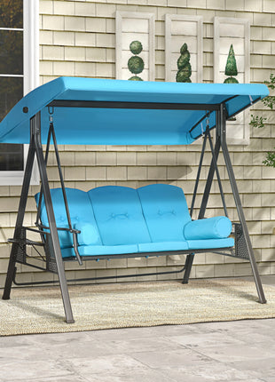 3-Seat Outdoor Porch Swing Chair with Adjustable Canopy, Cushion and Pillows for Garden, Poolside, Blue