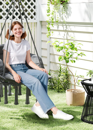 Hammock Swing Chair, Macrame Hanging Chair with Large Cushion, Chain, Steel Frame for Indoor Outdoor Use, Dark Gray