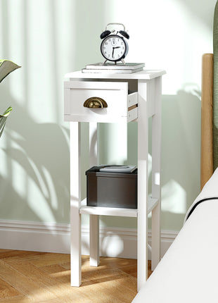 2-Tier Side Tables Set of 2 with Drawer and Shelf, 2 Pieces End Tables for Living Room and Hallway, White